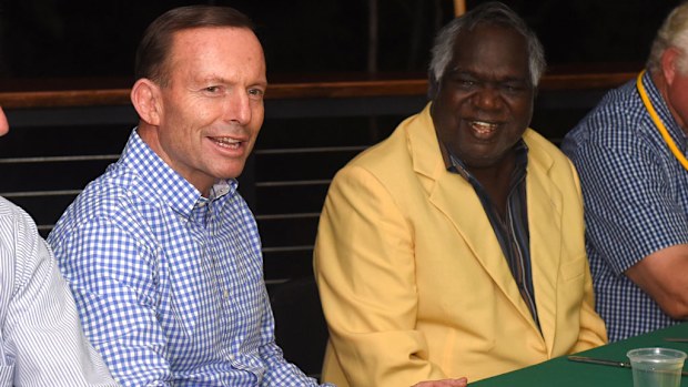 PM Tony Abbott with Yothu Yindi Foundation CEO Galarrwuy Yunupingu at a dinner with foundation representatives in the Northern Territory. (Picture: AAP)