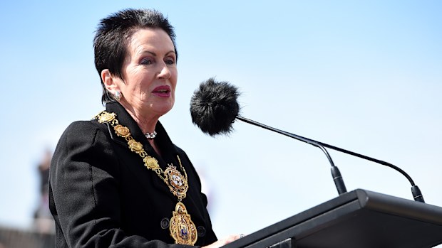 Sydney Lord Mayor Clover Moore speaks at a welcoming ceremony for Australian Olympians at the Sydney Opera House, in Sydney on August 29, 2016. (AAP)