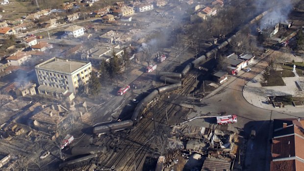 Aerial footage shows the extent of the Bulgarian train explosion. (AFP)