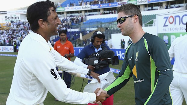 Younis Khan of Pakistan and Michael Clarke of Australia shake hands after Pakistan claimed victory during Day Five of the Second Test. (Getty Images)