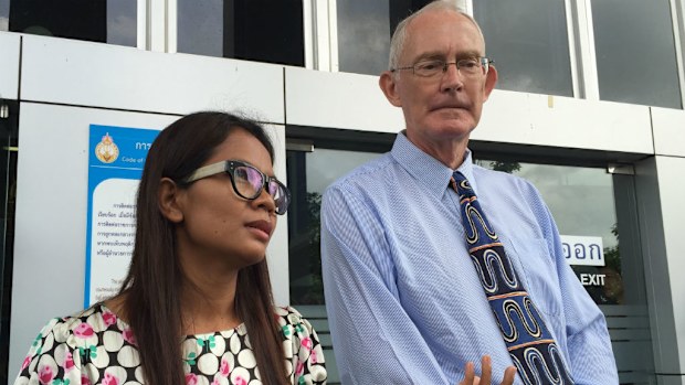 lan Morison, right, Australian editor of the website Phuketwan and his colleague Chutima Sidasathien speak to the media. (AAP)
