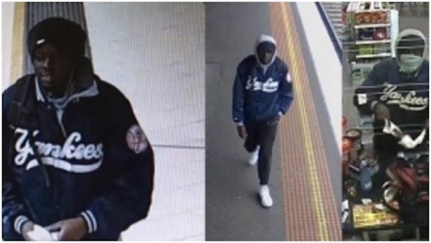 Investigated have released images of the man allegedly responsible for two armed robberies at services stations earlier this month. (Victoria Police)