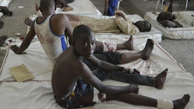 Victims receive treatment at a hospital, after an explosion in Maiduguri, Nigeria.
