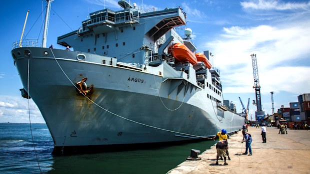 The RFA Argus arrives in Freetown. (AAP)
