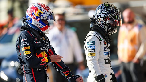 Max Verstappen and Oscar Piastri in parc ferme during Sprint Qualifying.