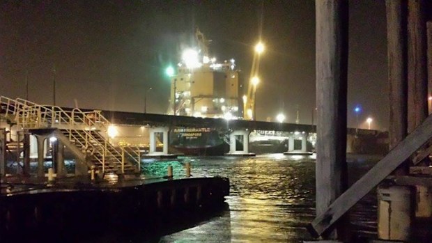 The ship shortly after hitting the bridge last night. (Facebook/Perth WA Revenue Raisers Alert)