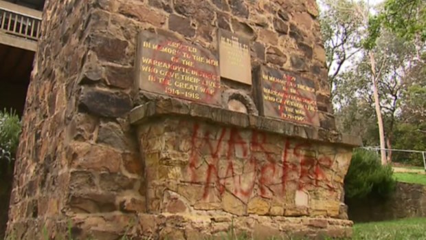 The defaced memorial at Warrandyte RSL. (9NEWS)