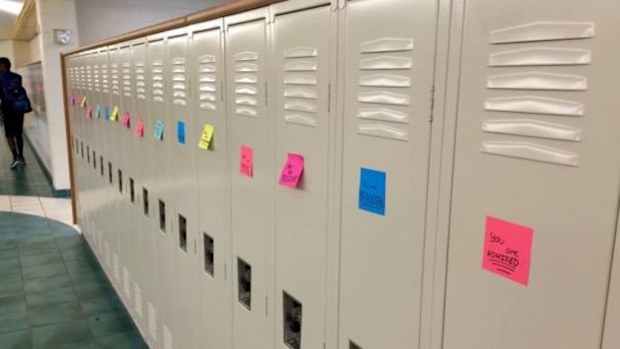 Thousands of colourful sticky notes have given students at a Californian school messages of support. (Facebook)