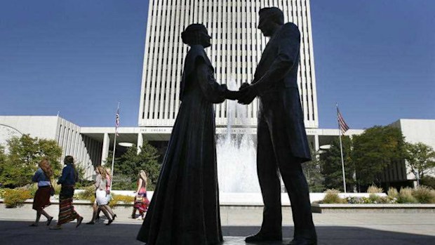 A statue of Joseph and Emma Smith outside the church office in Salt Lake City, Utah. (AP)