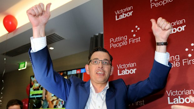 Victorian Premier-elect Daniel Andrews celebrates Labor's election win. (AAP)