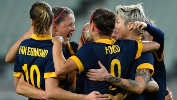 The Matildas celebrate their win over North Korea.