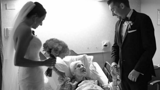 Peg McCormack with her grandson Brian Kurtulik and his new wife Lauren. (Hello Gorgeous Photography)