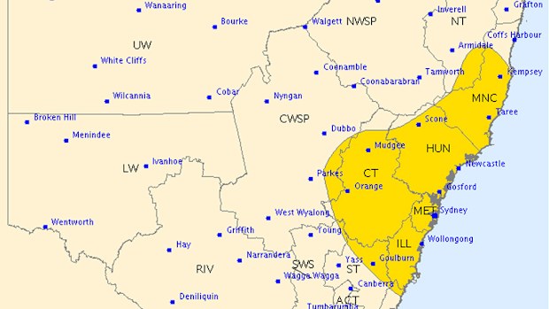 A severe thunderstorm warning is place in the highlighted area. (Bureau of Meteorology)