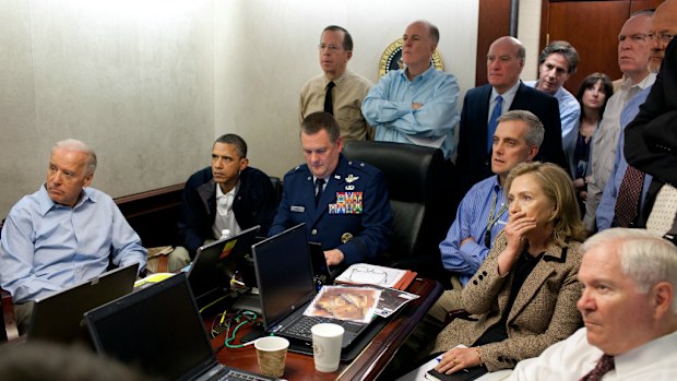 Barack Obama and staff watch Operation Neptune Spear being carried out. (Supplied)