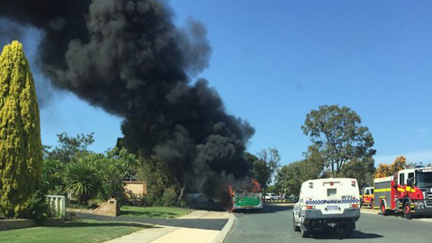The front of the bus burst into flames as it drove through Alexander Heights. (TwitteR: @6PR)