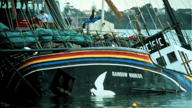 The Rainbow Warrior in Auckland Harbour after being bombed by French secret service agents.