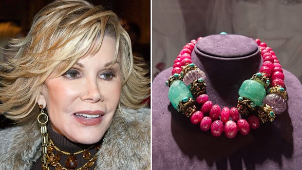 Joan Rivers at the Banana Republic 2005 Spring Collection in New York City; a necklace by Iradj Moini with an estimated value of US$10,000 to US$15,000, on display at The Private Collection of Joan Rivers preview in New York. (Getty/AFP)