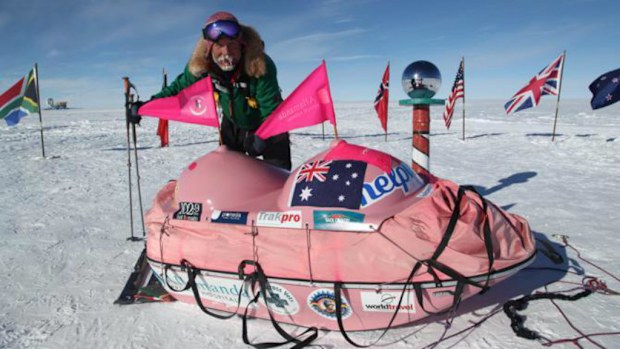 Dr Geoff Wilson pulled a pink "boob-sled" across Antarctica to raise money for breast cancer research. (AAP)