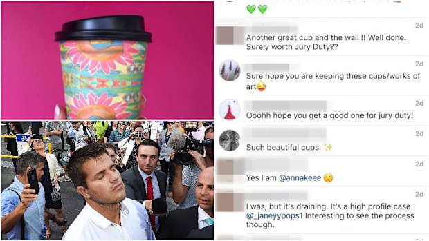 The juror's Instagram posts during the Gable Tostee (bottom left) trial. (AAP/Instagram)