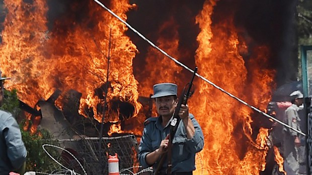 An Afghan soldier near the scene of the blast. (Getty Images)