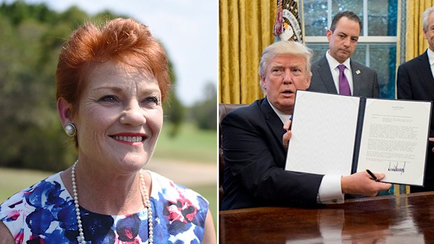Pauline Hanson says she's happy with Donald Trump's decision to leave the TPP. (AAP)