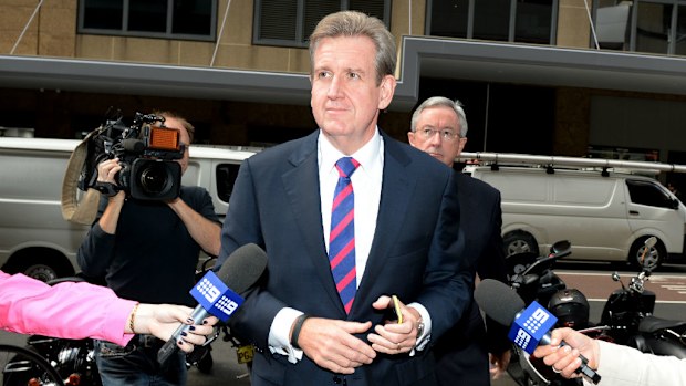 Outgoing NSW Premier Barry O'Farrell arrives at the Independent Commission Against Corruption (ICAC) in Sydney, Wednesday, April 16, 2014. (AAP Image/Dan Himbrechts)