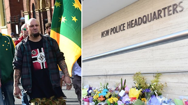 A far right protester at the previous Reclaim Australia rally in Melbourne and (right) the growing shrine outside Parramatta police headquarters.