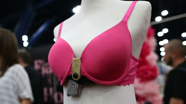 A bra with a built in concealed fireram holster made by Flashbang Holsters is displayed during the 2013 NRA Annual Meeting in Texas. (Getty)