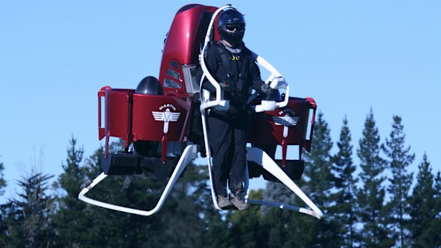 A pilot using a Martin Aircraft Company jetpack, invented by Glenn Martin. (AAP)