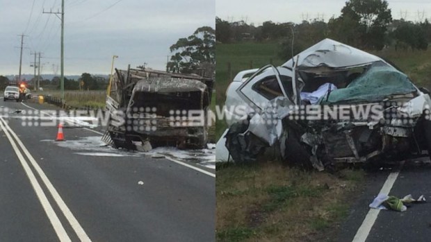 The driver of the car has been killed after colliding with a truck on Koo Wee Rup road in Packenham South. (9NEWS)