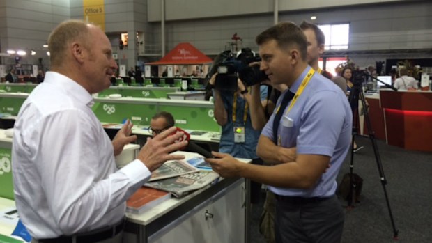 Nine's Ross Greenwood and Russian journalist, Konstantin Rozhkov interview each other at the G20 Summit. (Supplied)