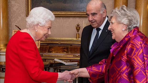 Queen Elizabeth II meets President of Malta George Vella and his wife Miriam Vella during an audience at Buckingham Palace, London.