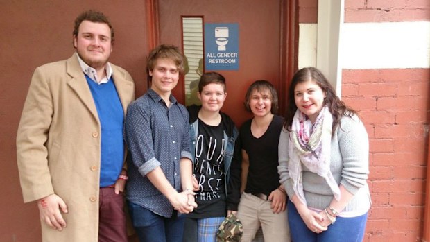 Swinburne's first gender neutral toilet with Student Union vice president Joshua Briers, Swinburne Queer Department's Andrew Morrison, transgender representative of Swinburne Queer Department Romy Evert, the concept's creator Lee Taube and union welfare officer Caitlin Bruty. (Supplied)