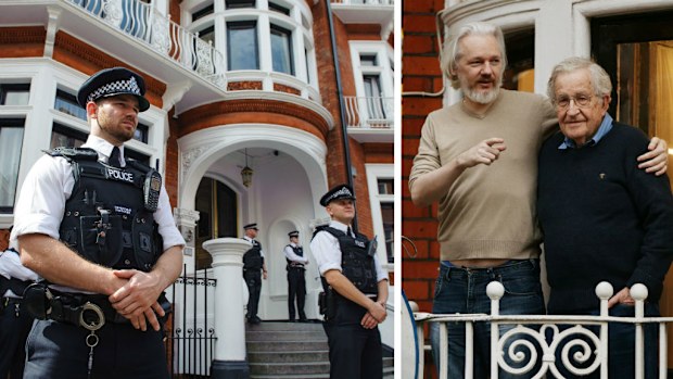Police guard the Ecuadorian embassy in London (left) and Julian Assange with Noam Chomsky (right). (AAP)