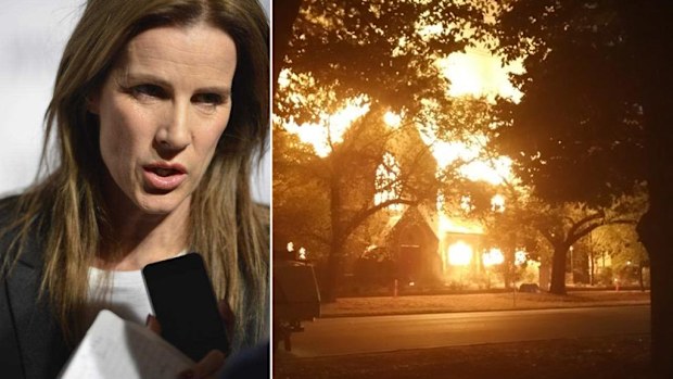Actress Rachel Griffiths, and the church as it burned in Brighton this morning. (9NEWS)