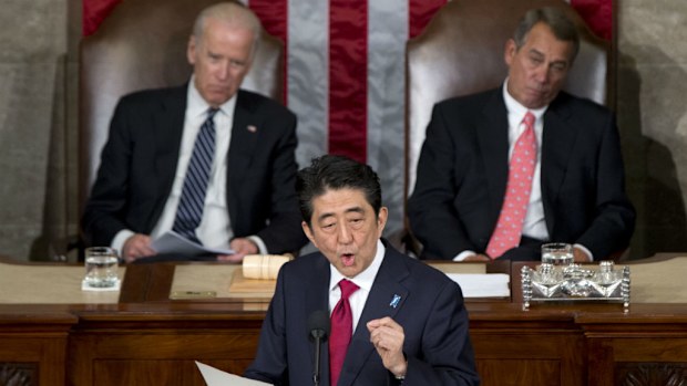 Japanese Prime MInister Shinzo Abe delivers a speech to the US Congress. (AAP)