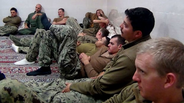 Detained US Navy sailors in an undisclosed location in Iran. (Iranian Revolutionary Guards)