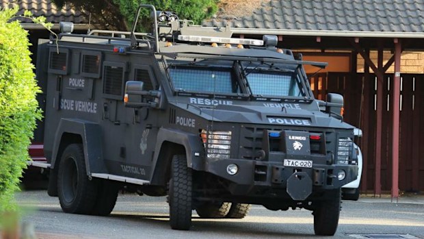 A NSW Police Force Bearcat armoured vehicle at the scene of one of the raids yesterday. (Supplied, police)
