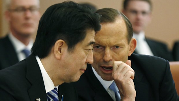 Japanese Prime Minister Shinzo Abe with PM Tony Abbott. (AAP)