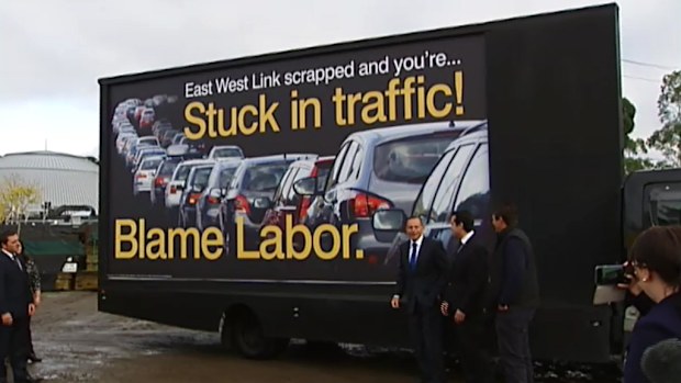 Prime Minister Tony Abbott has unveiled the Victorian Coalition's latest attack ad on the Labor state government. (9NEWS)