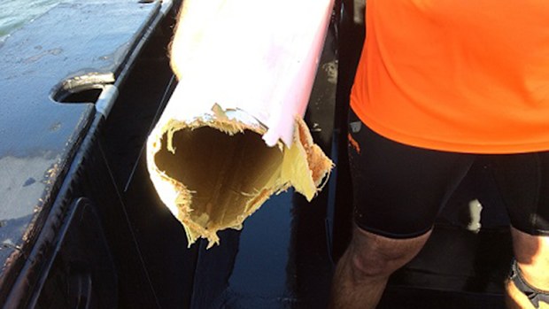 The man's damaged kayak after the shark attack. (Queensland Police)