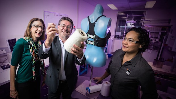 Professor Julie Steele, Professor Gordon Wallace and Dr Sheridan Gho at the University of Wollongong. (Supplied)