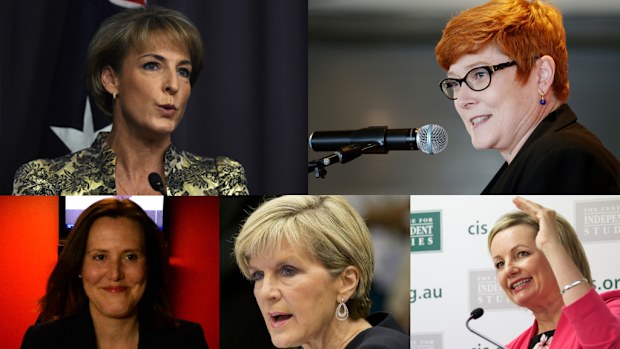 Michaelia Cash, Marise Payne and Kelly O'Dwyer join Julie Bishop and Sussan Ley as the only female members of cabinet. (AAP)