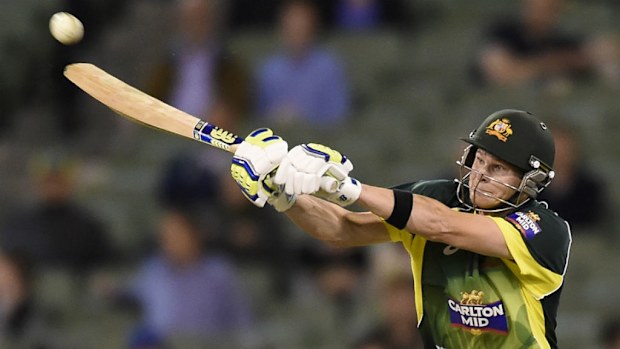 Steve Smith smashes a boundary on the way to his century. (AAP)