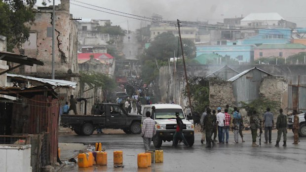 A bomb blast that was part of a attack by Shebab rebels yesterday in Mogadishu, Somalia. (EPA/SAID YUSUF WARSAME)