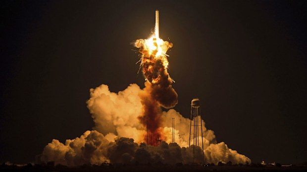 The Antares rocket explodes moments after liftoff at NASA's Wallops Flight Facility in Virginia. (AAP/NASA)