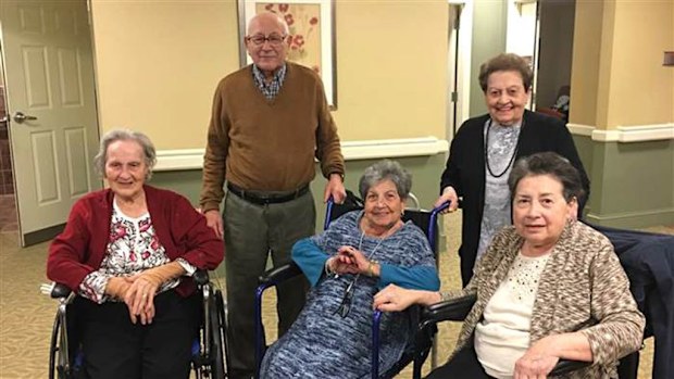 Siblings Carmen Wesala, 98, Lawrence Mallia, 90, Mary Cena, 92, Georgia Southwick, 93, and Lucy O'Brien, 85. (Jeffrey and Susan Brudnick Center for Living)