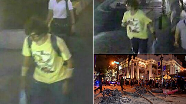 Thai police previously released CCTV images of a suspect in a yellow shirt.  (Supplied)