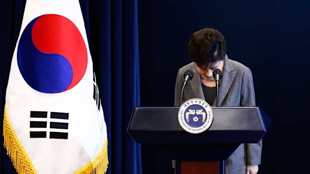 South Korean President Park Geun-Hye bowing during an address to the nation. (AAP)