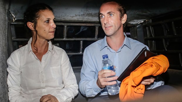 Sara Connor and her British boyfriend David Taylor after her trial at Denpasar Court in Bali. (AAP)